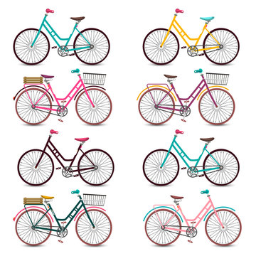 Retro Bicycles Set. Colorful Vector Bicycle Collection Isolated on White Background.