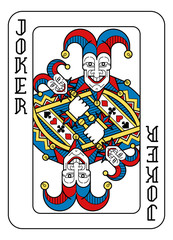 A playing card Joker in yellow, red, blue and black from a new modern original complete full deck design. Standard poker size.