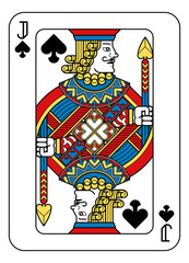 A playing card Jack of Spades in yellow, red, blue and black from a new modern original complete full deck design. Standard poker size.