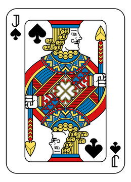A playing card Jack of Spades in yellow, red, blue and black from a new modern original complete full deck design. Standard poker size.
