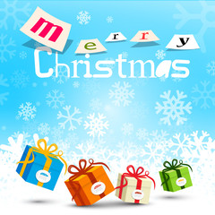 Merry Christmas Design with Snowflakes on Blue Background and Gift Boxes