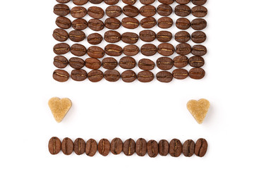 Geometric roasted coffee beans pattern with brown sugar in shape of heart on white background