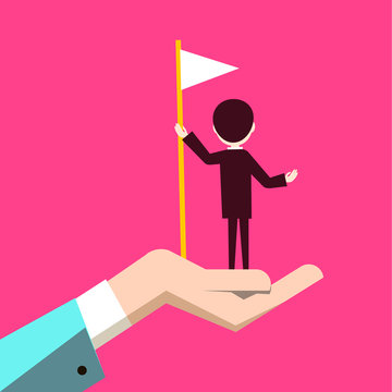 Man with Flag in Human Hand on Pink Background