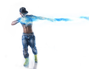 Young shirtless muscular man in denim and sneakers with blue light effect shooting energy wave from...