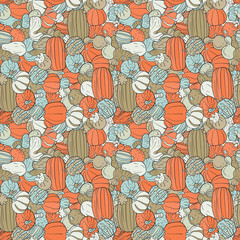 Vector seamless pattern with pumpkins. Hand drawn colorful illustration. Halloween background