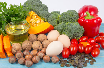 Healthy food, dieting concept. Assortment of high vitamin E sources.