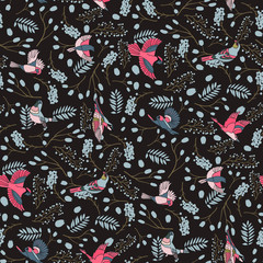 Bullfinch birds seamless pattern with Mountain ash leaves and berries. dark colors Vector illustration.