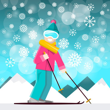 Skier with Mountins on Backraund.  Vector Winter Landscape with Snowflakes.