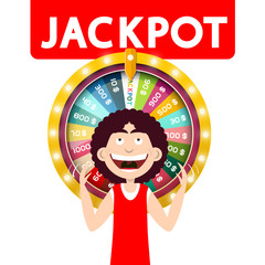 Happy Man with Jackpot Wheel of Fortune Isolated on White Background. Vector.