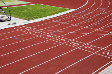 Finish of a red running track seen from a high angle