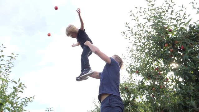 Family fun father and little son toss up and spin a child during walk in apple tree garden