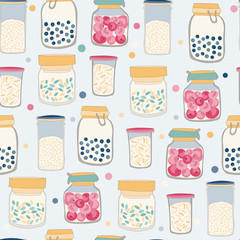 food, kitchen jars, pattern. jars with food, colorful, on a light background.