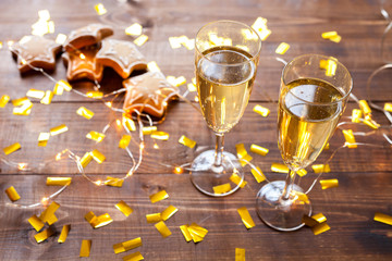 Wood christmas background with champagne