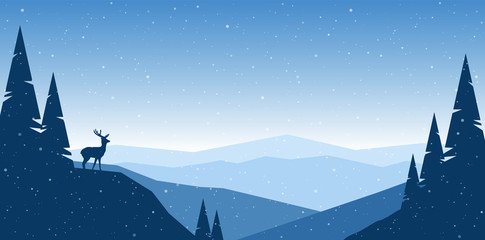 Vector illustration: Flat winter mountains landscape with hills, pine and silhouette of deer.