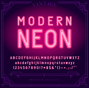 Bright Neon Alphabet Letters, Numbers and Symbols Sign in Vector. Night Show. Night Club.