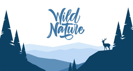 Vector illustration: Flat mountains landscape with hills, pine and silhouette of deer. © deniskrivoy