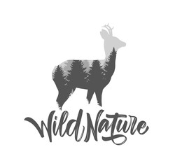 Vector illustration: Roe Deer with pine forest and hand lettering of Wild Nature. Double exposition.
