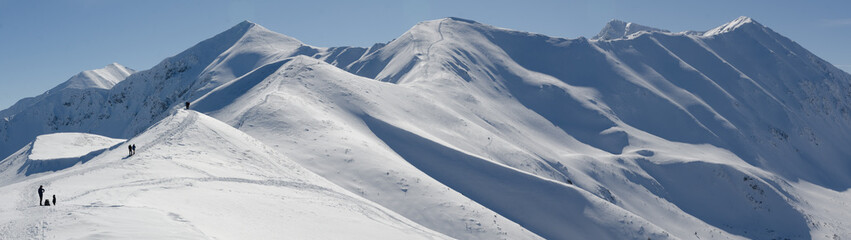 Group of people hiking in Polish Western Tatra mountains during sunny day in winter. © szymanskim