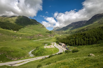 Wide angle view towards the Julier Pass near Bivio (Graubunden, Switzerland). It is a mountain pass...