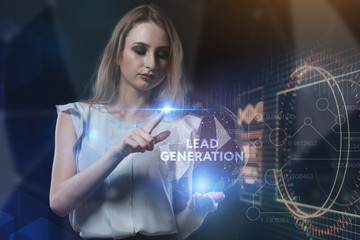 The concept of business, technology, the Internet and the network. A young entrepreneur working on a virtual screen of the future and sees the inscription: Lead generation