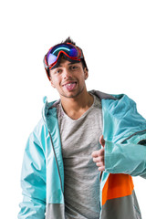 Friendly attractive young male skier or snowboarder isolated on white smiling