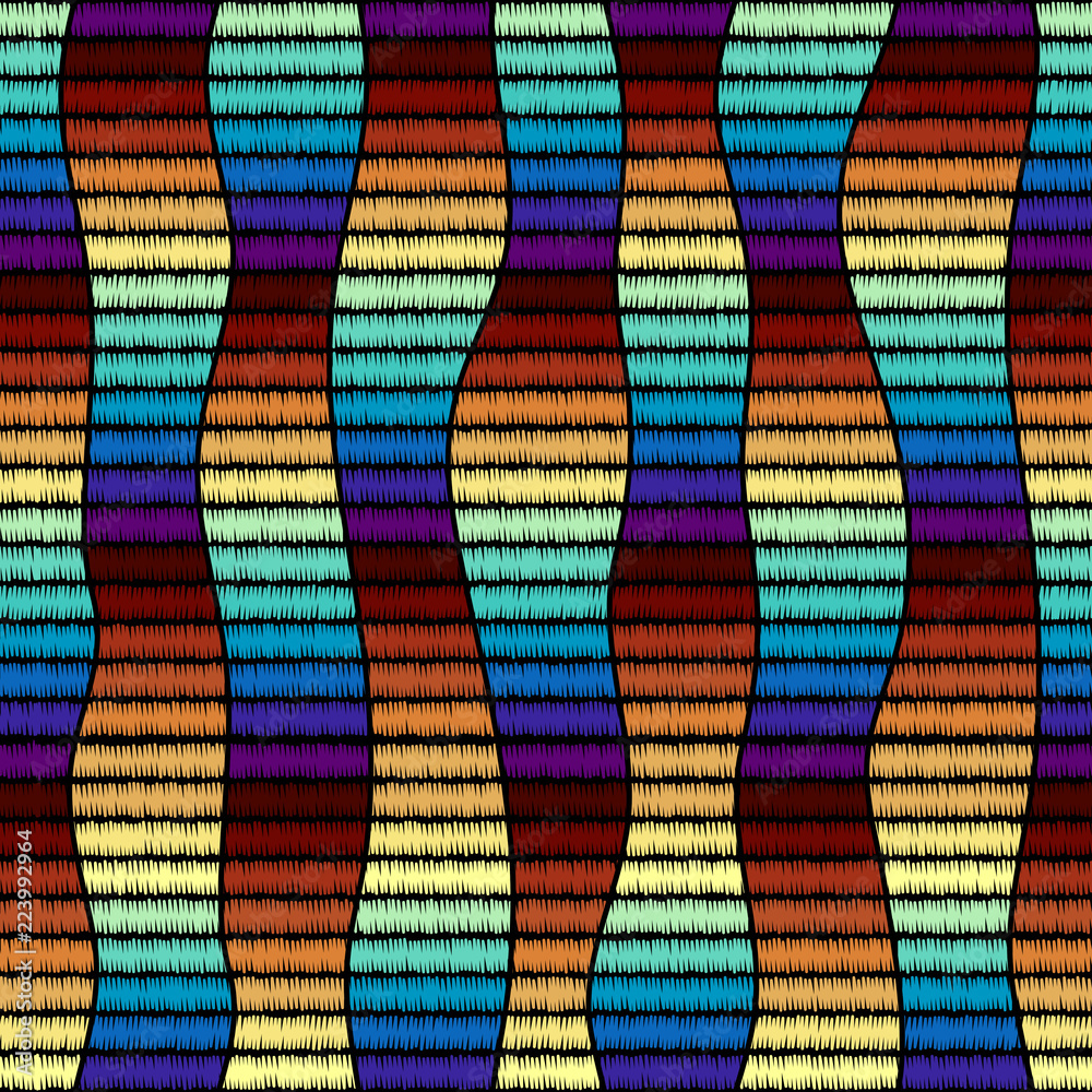 Poster Imitation of geometric embroidery pattern. Colored lines on a black background. Ethnic and tribal motifs. Seamless vector background in the bohemian style.