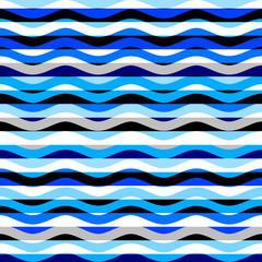 Seamless geometric wavy pattern. Horizontal blue strips pattern in a patchwork collage style. Vector image.