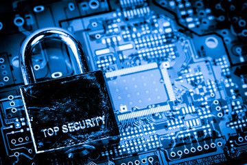 Abstract,close up of Lock on Mainboard Electronic computer background. (best internet top security)