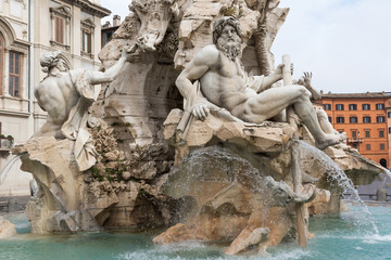 Bernini's Fountain of the Four Rivers in empty Navona Square. Rome. Italy. Horizontally.