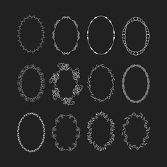 Oval hand drawn vintage frames set, vector isolated design elements.