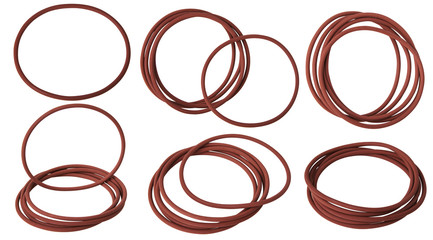 Set of brown hydraulic and pneumatic o-ring seals isolated on a white background. Rubber rings. Sealing gaskets for hydraulic joints. Rubber sealing rings for plumbing. Collection of seals
