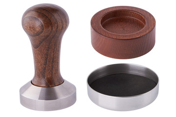 Set of Coffee Tamping  Accessories. Barista Kit. Tamper with Wooden Handle. Stainless Steel Tamper Holder. Wooden Tamper Holder.  Isolated on white background