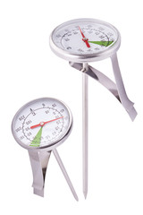 Barista thermometer with metal clip. Measuring milk accessories. Barista Kit. Isolated on white...