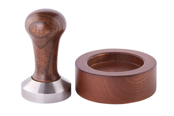 Metal tamper with wooden handle on white background isolated. Barista Kit.  Barman tool for pressing down ground coffee, a tamper for a coffee machine