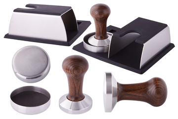 Tamping Stand for Espresso Coffee. Tamping station. Coffee Tamping  Accessories. Barista Kit. Isolated on white background. 