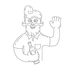 Happy drunken man with a bottle of beer in outline. Vector isolated illustration.