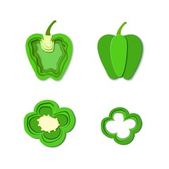 Set of paper cut green pepper. Vector paper cut design in the form of whole and slice pepper for design of food packaging. Vector illustration. Paper art style paprika. Origami concept.