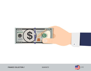 100 US Dollar Banknote. Hand gives money. Flat style vector illustration. Salary payout or corruption concept.