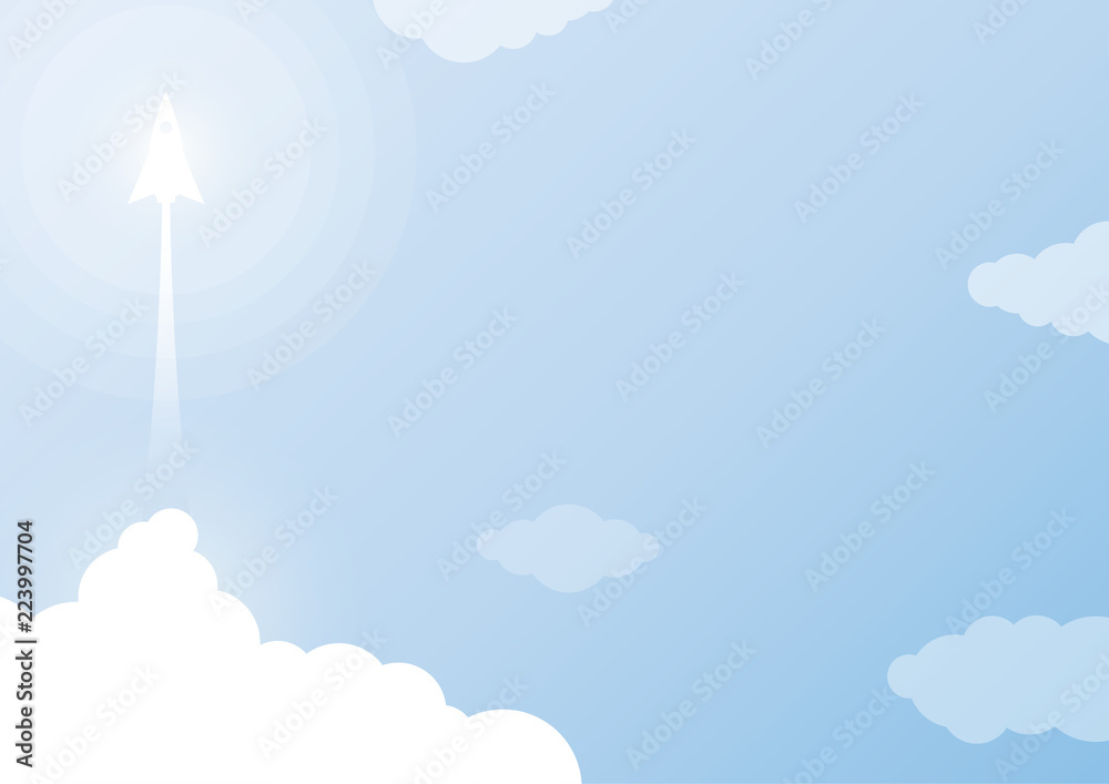 Poster business start up concept with rocket ship flying from clouds and blue sky background.vector illustr