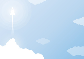 Business start up concept with rocket ship flying from clouds and blue sky background.Vector illustration.