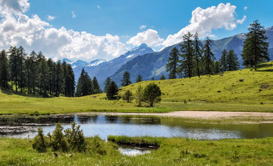 Fototapeta na wymiar Mountains surrounding Tarasp, a village in the canton of Graubunden, Switzerland. It is situated within the Lower Engadin valley along the Inn River, at the foot of the Sesvenna Range.