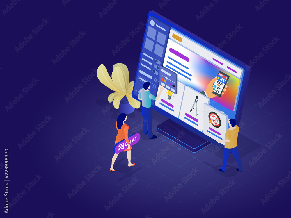 Poster landing pages website template. constructor of web pages and websites. people in the flat 3d isometr