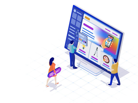 Constructor Of Web Pages And Websites. People In The Flat 3d Isometric Style Are Working On Creating The Site. Easy To Edit And Customize. Modern Template For Website Design. Bitmap Image