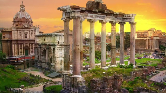 Ruins of Roman's forum at sunset, ancient government buildings started 7th century BC. Rome. Italy