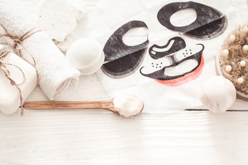 Spa composition with facial mask, concept of beauty and health