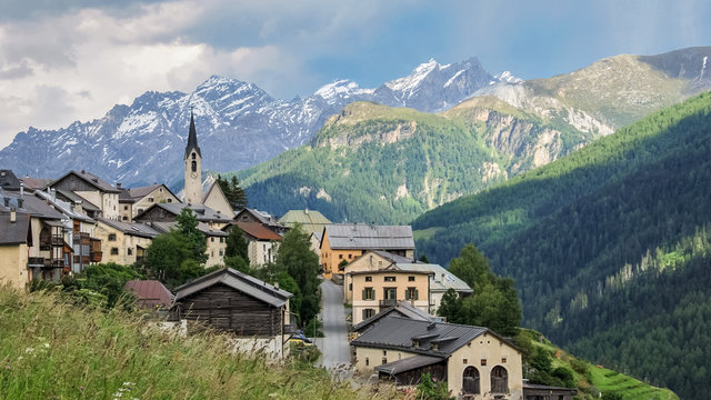 View of Guarda in Inn District in the Swiss canton of Graubunden, awarded the Wakker Prize for the preservation of its architectural heritage in 1975.