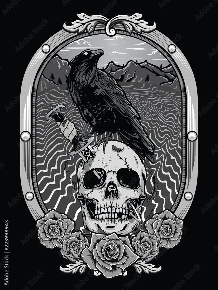 Poster dead skull with crow and heraldic frame