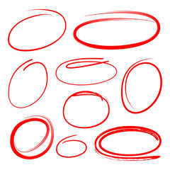 red hand drawn marker elements, blank circles and ovals