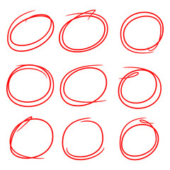 red hand drawn marker elements, blank circles and ovals