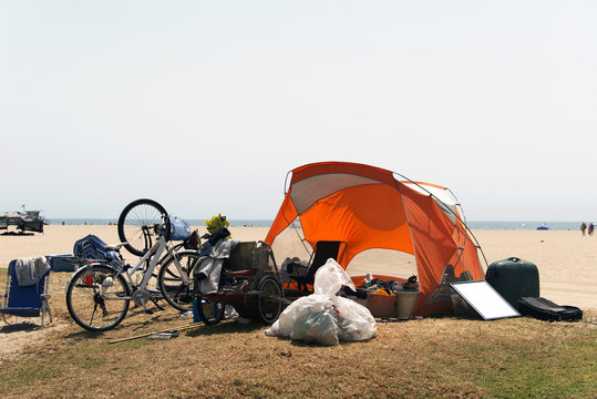 A Homeless, Tent And Bicycles In Venice Beach, California